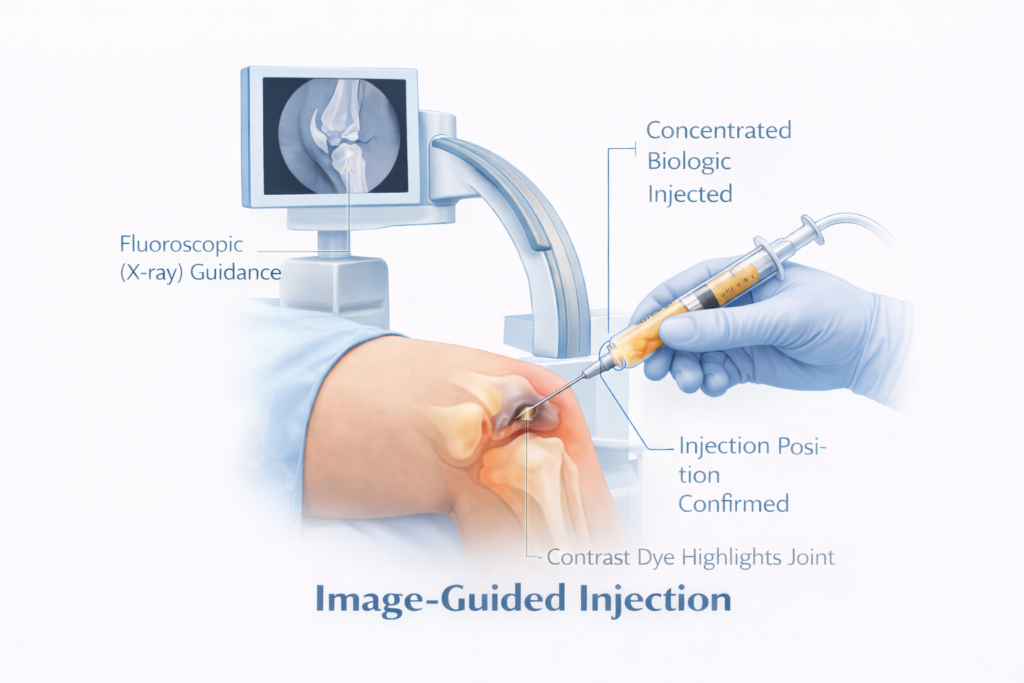 A gloved hand administers adipose-derived biologic material into a knee joint under X-ray; monitor shows image and injection location.