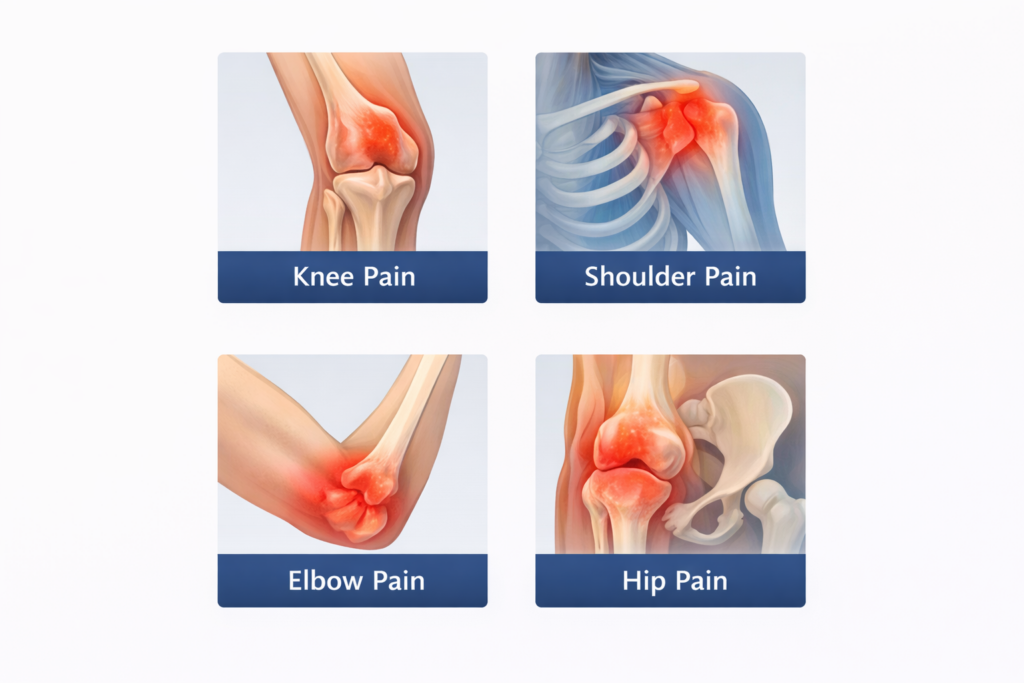Four labeled illustrations indicate common areas of joint discomfort: knee, shoulder, elbow, and hip, highlighted for emphasis.