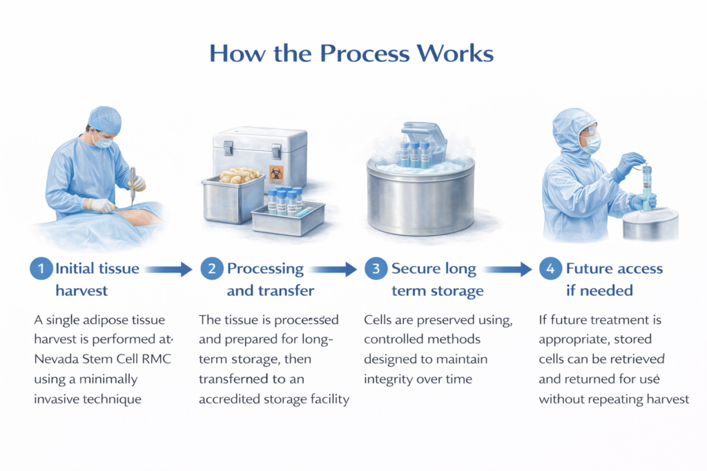 Cell banking : Four illustrated steps depict an RMC tissue process: collection, processing and storage, long-term holding, and potential retrieval.