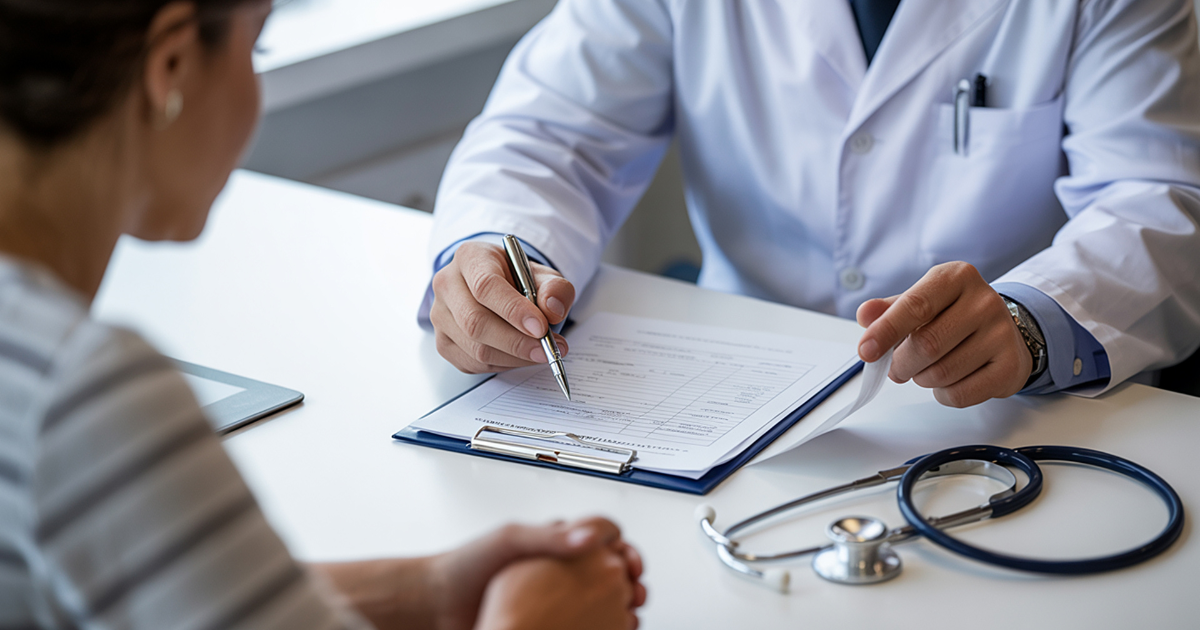 Dr. Lane Smith MD reviewing treatment forms during a stem cell therapy consultation in Las Vegas for regenerative medicine and joint pain care.