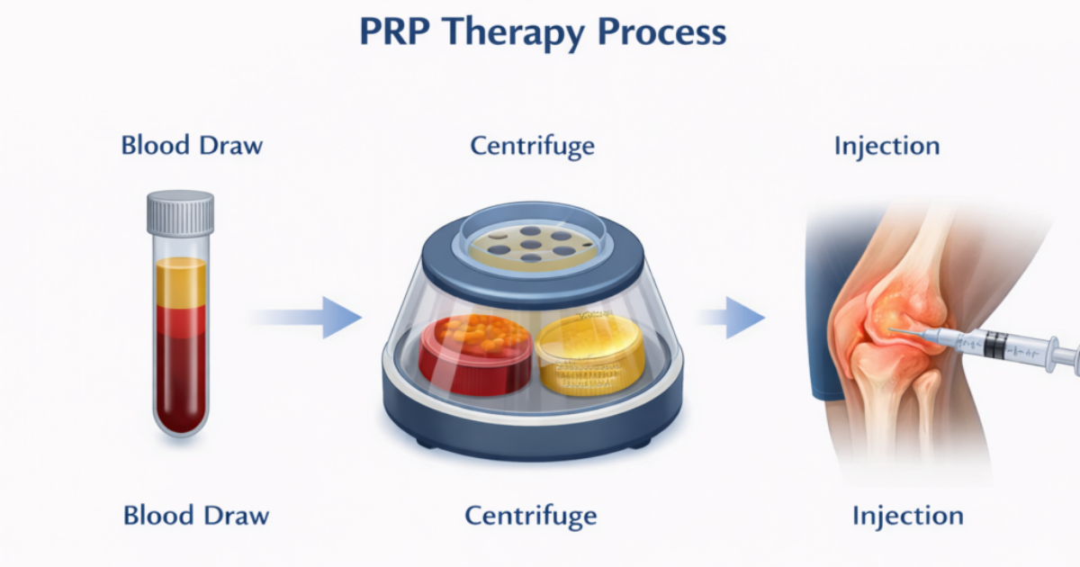 Diagram of the PRP treatment therapy in Las Vegas process showing blood collection, centrifuge separation, and platelet-rich plasma injection into a knee joint.