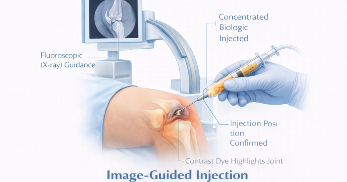 Regenerative medicine in Las Vegas a medical illustration of a fluoroscopy-guided knee injection showing X-ray imaging, needle placement, and a syringe delivering a biologic preparation into the joint.